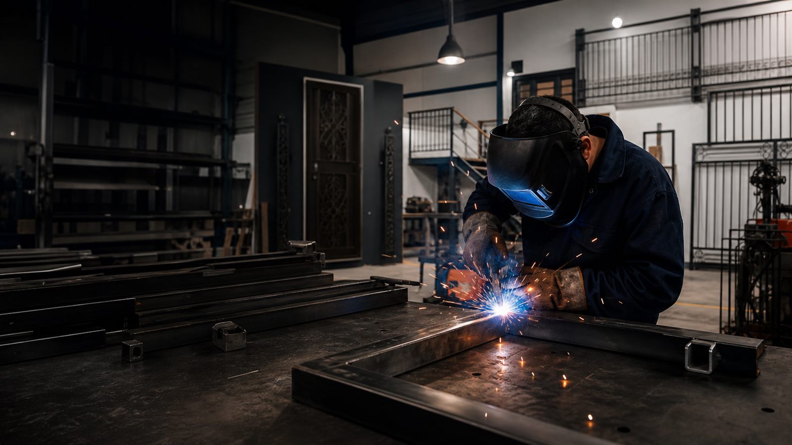 Taller profesional de metalistería con soldadura en curso